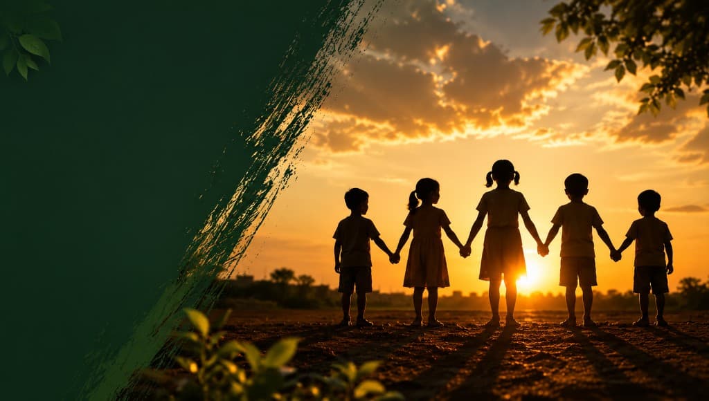 Children holding hands at sunset — symbol of hope and community
