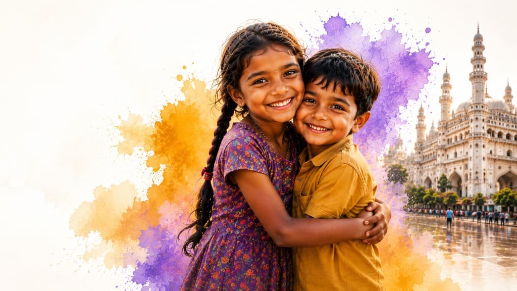 Children embracing with Charminar, Hyderabad — representing hope and community impact